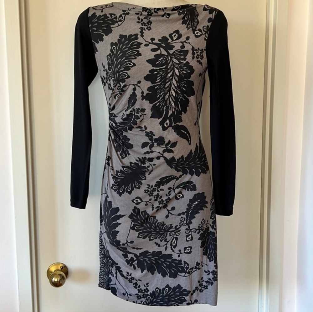 DVF Blk/Grey Jersey Panel Print Long Sleeve Dress Sz 4 EUC
